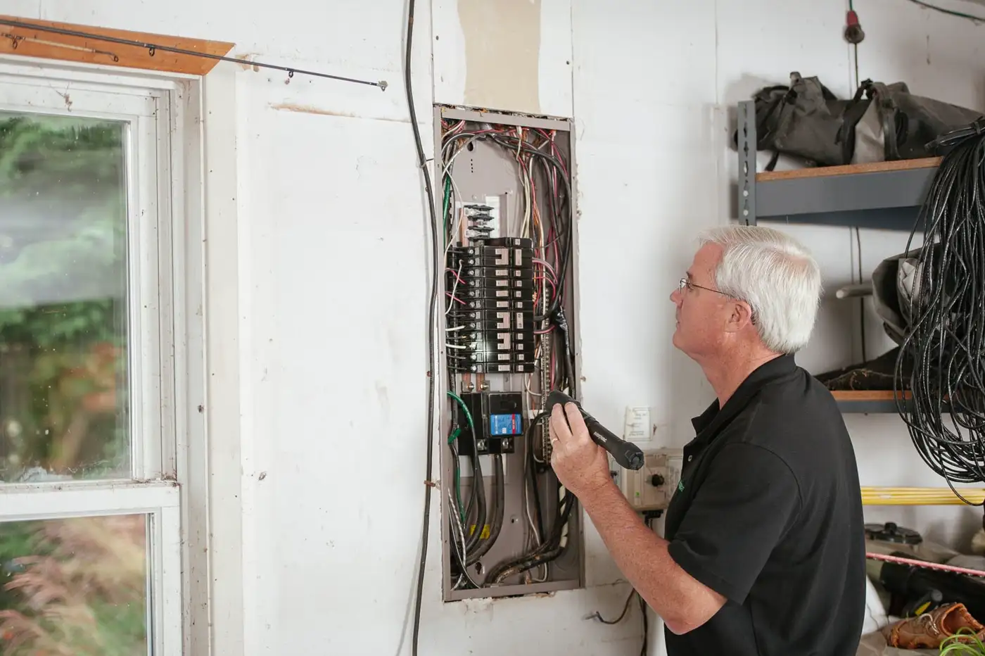 Illustrative photo of a person at an open residential switchboard. Not a Complete Electrical job.